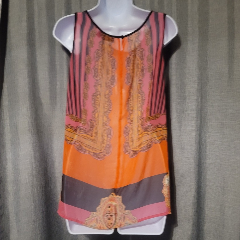 a.n.a A New Approach Women Paisley Sleeveless Chiffon Top Orange Pink Large - Picture 2 of 5